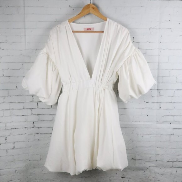 MISSPAP WHITE DEEP V NECK 1/2 PUFF SLEEVE BUBBLE DRESS SIZE 10 - Picture 5 of 9